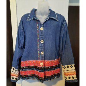 Boho Tribal Embroidered tapestry Denim Jean Jacket womens sz L  New directions